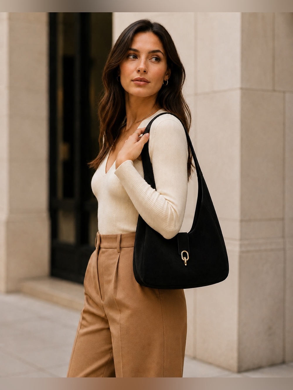 Anine Bing Black Suede Hobo Shoulder Bag Gold Hardware Quiet Luxury